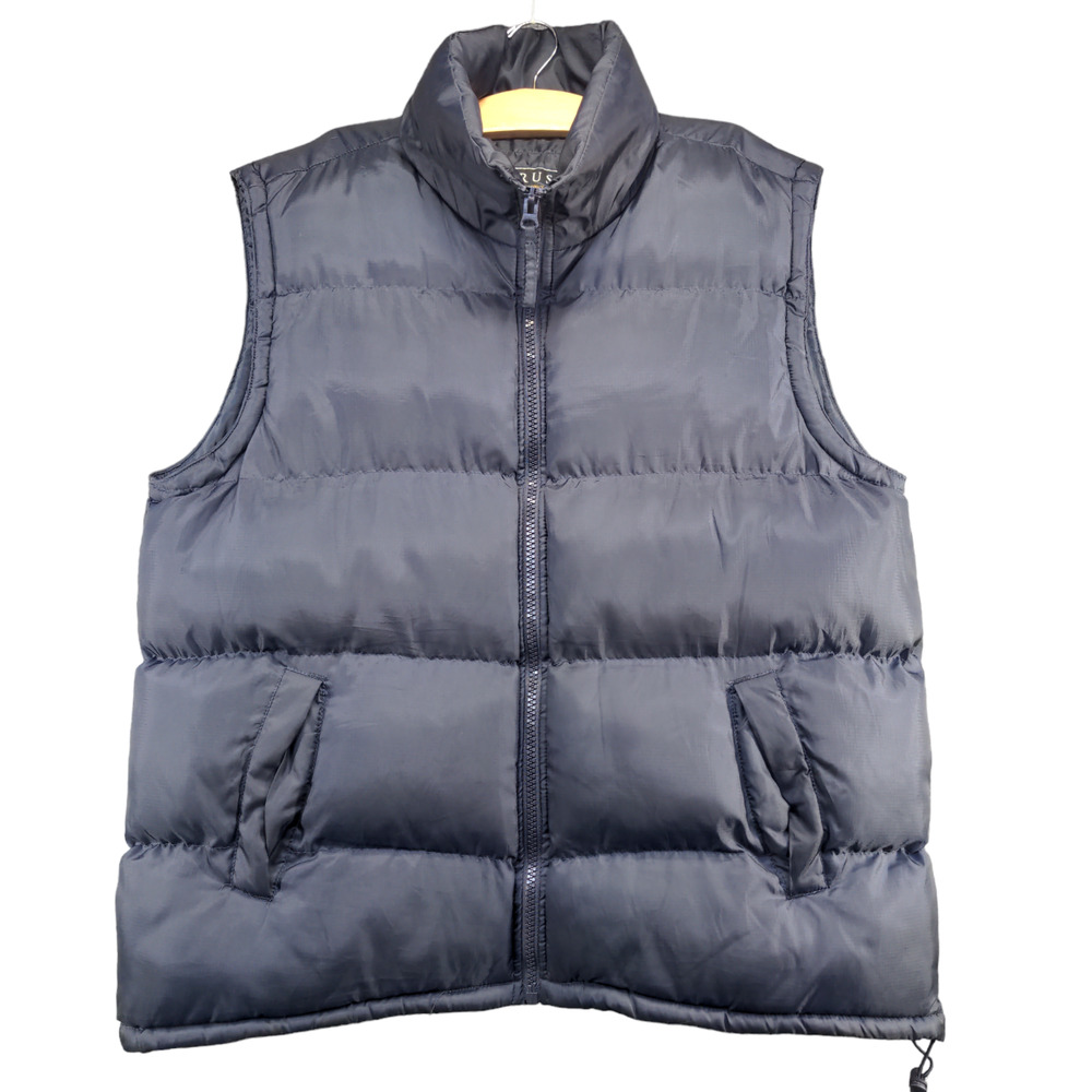 Trust Men's Full Zip Insulated Puffer Vest Blue XL Mock Neck Drawcord Hem